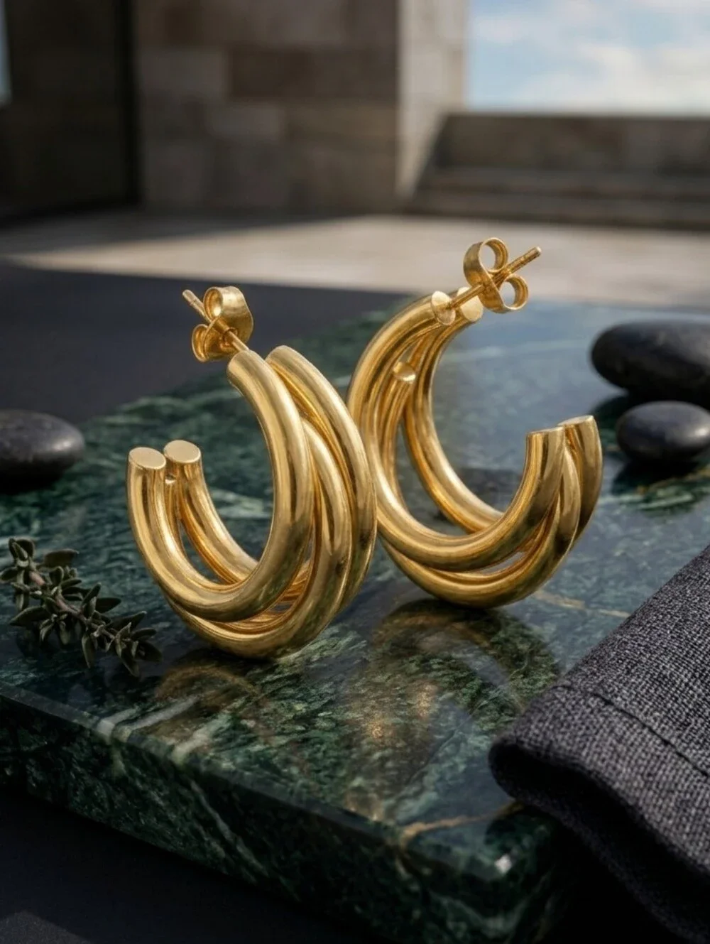18K Gold Plated Chunky Triple Hoop Earrings Sculptural Clean Girl 0.8